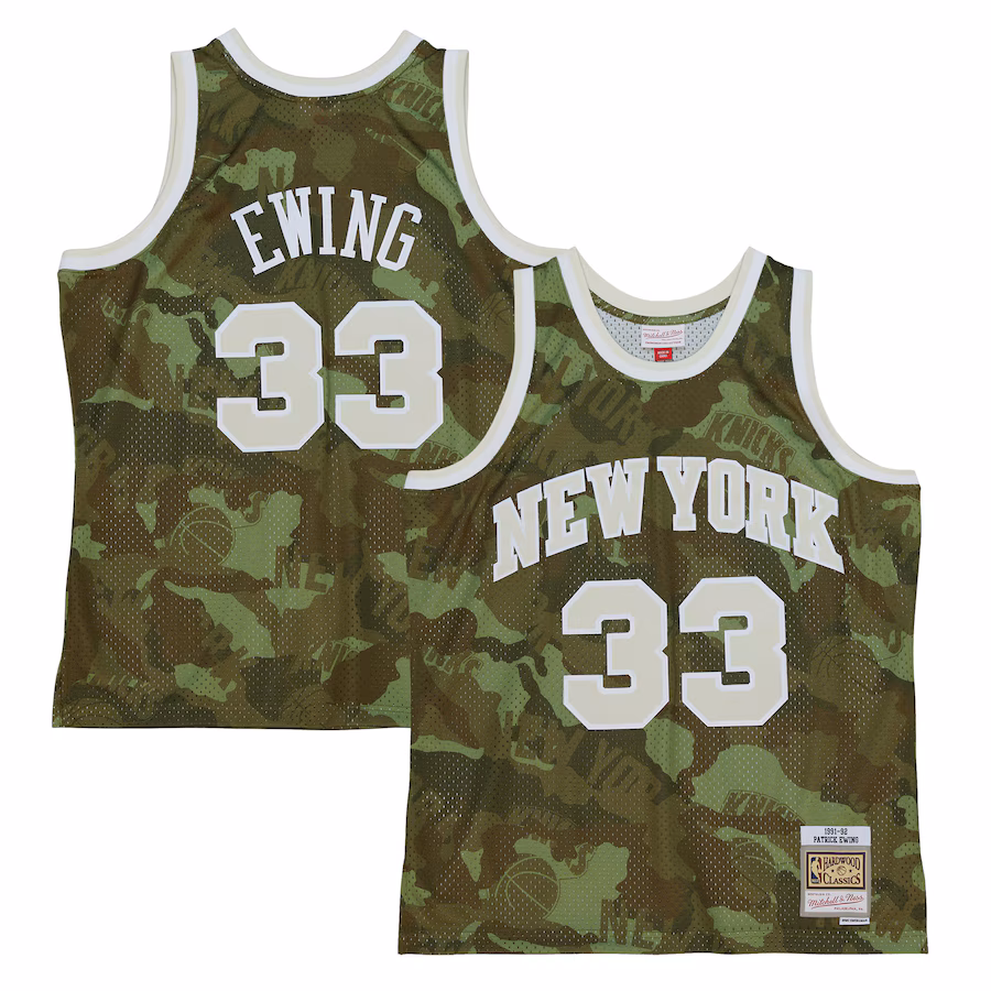 Men's New York Knicks Patrick Ewing Mitchell & Ness Camo Hardwood Classics 1991/92 Ghost Green Swingman Jersey - Jersey