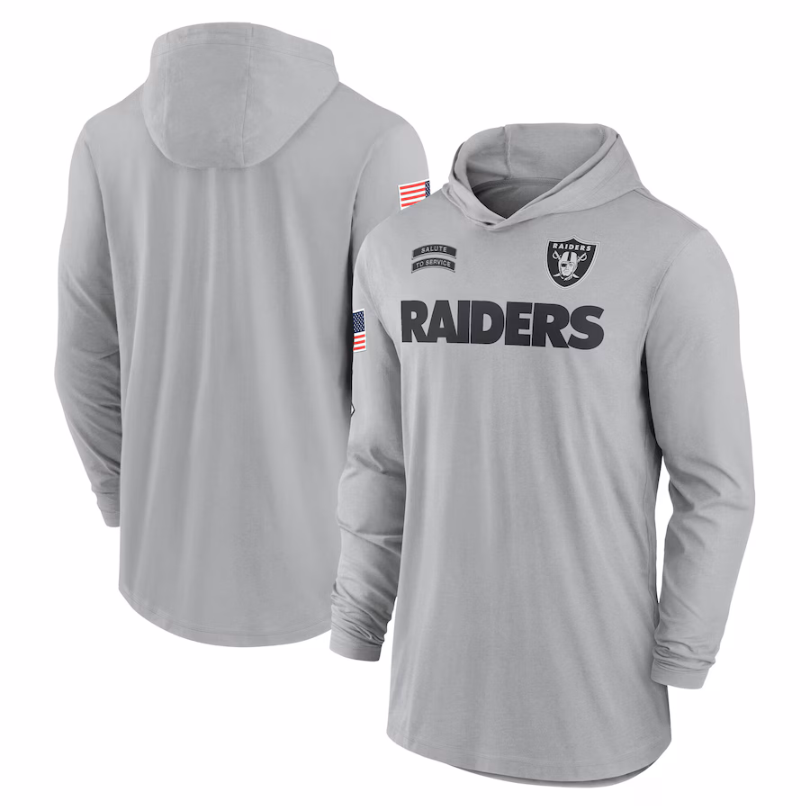 Men's Las Vegas Raiders Nike Gray 2024 Salute to Service Lightweight Performance Long Sleeve Hooded T-Shirt - Jersey