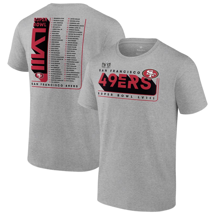 Men's San Francisco 49ers Fanatics Heather Gray Super Bowl LVIII Team Members Roster T-Shirt - Jersey