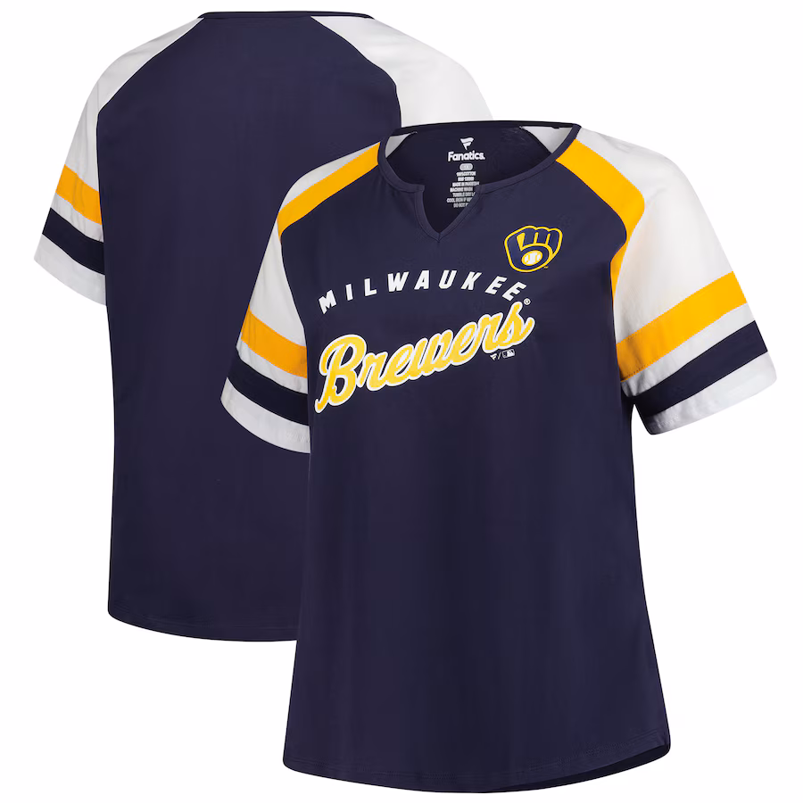 Women's Milwaukee Brewers Profile Navy Plus Sized Arched Notch Neck T-Shirt - Jersey