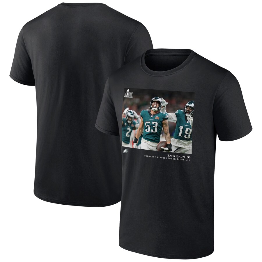 Men's Philadelphia Eagles Zack Baun Black NFL Flash Features Super Bowl LIX Champions T-Shirt - Jersey