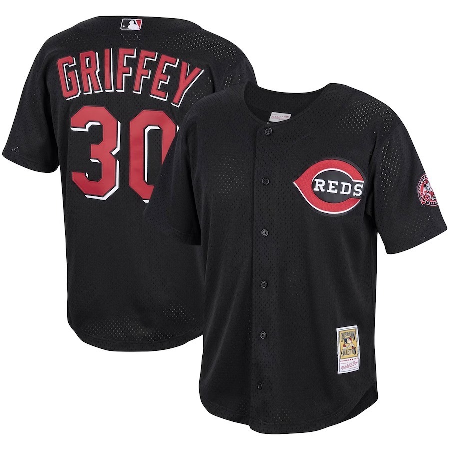 Men's Cincinnati Reds Ken Griffey Jr. Mitchell & Ness Black Cooperstown Collection Mesh Batting Practice Button-Up Jersey - Jersey