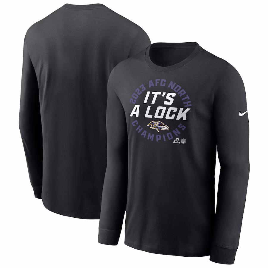 Men's Baltimore Ravens Nike Black 2023 AFC North Division Champions Locker Room Trophy Collection Long Sleeve T-Shirt - Jersey