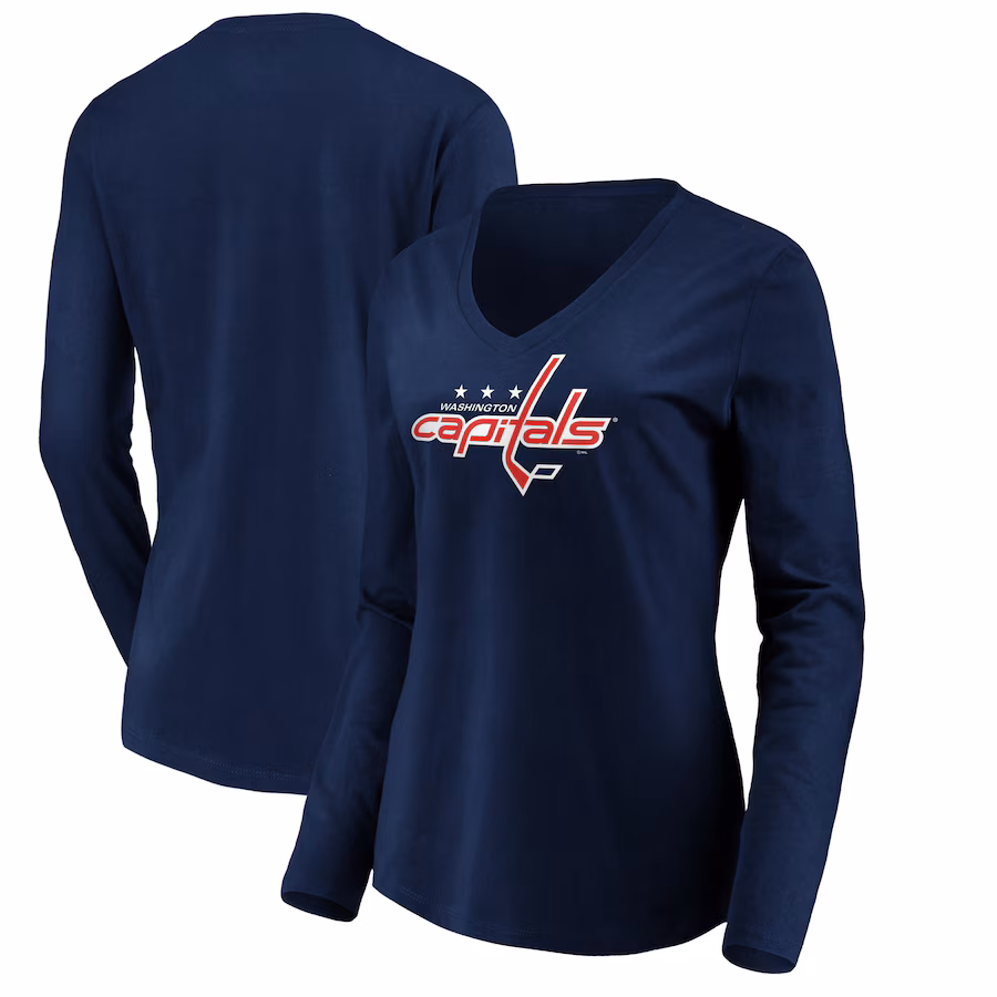 Women's Washington Capitals Navy Primary Logo V-Neck Long Sleeve T-Shirt - Jersey