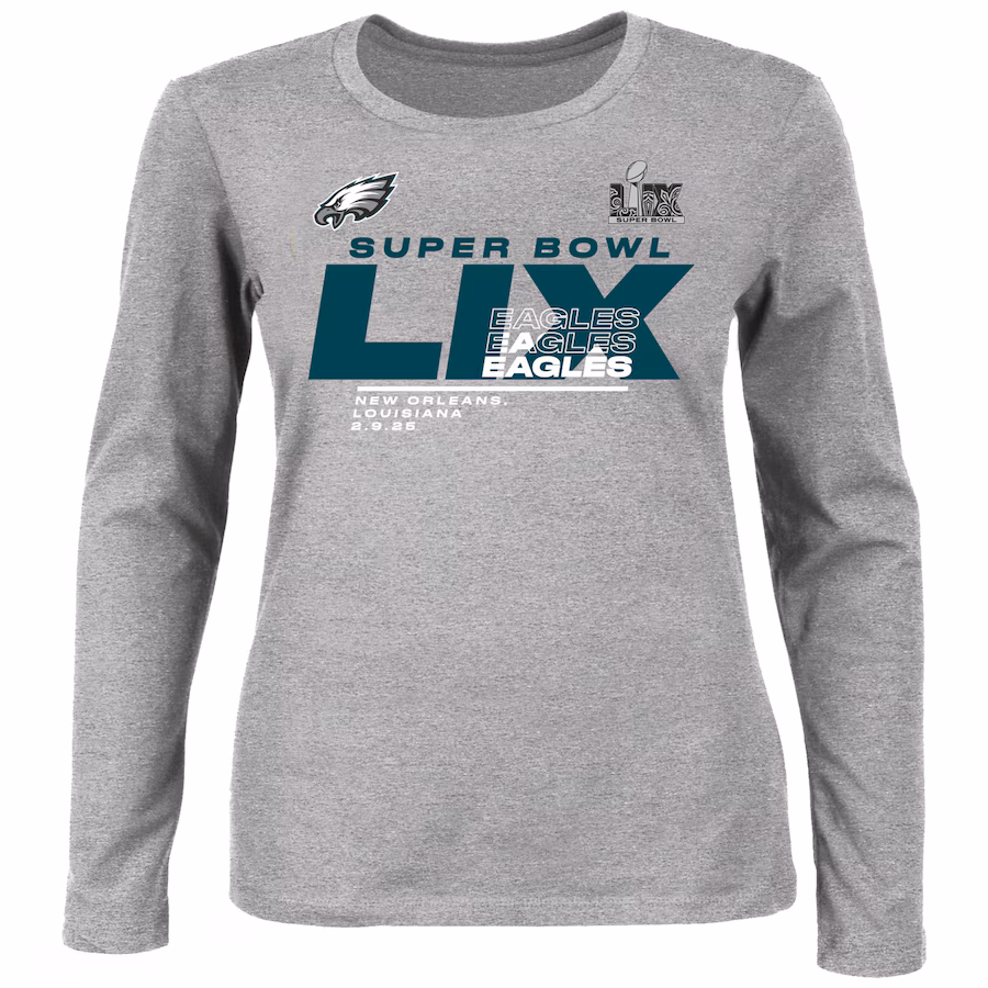Women's Philadelphia Eagles Fanatics Heather Gray Super Bowl LIX Plus Size Quick Pass Long Sleeve Scoop Neck T-Shirt - Jersey