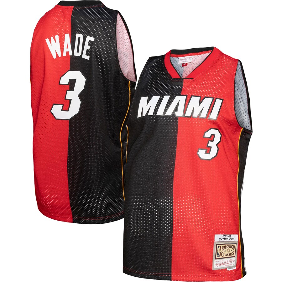 Men's Miami Heat Dwyane Wade Mitchell & Ness Black/Red Hardwood Classics 2005/06 Split Swingman Jersey - Jersey
