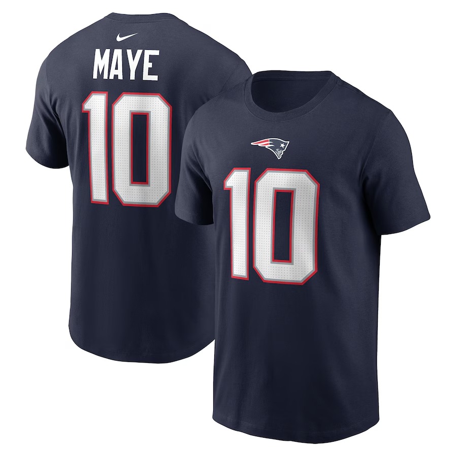 Men's New England Patriots Drake Maye Nike Navy 2024 NFL Draft First Round Pick Name & Number T-Shirt - Jersey