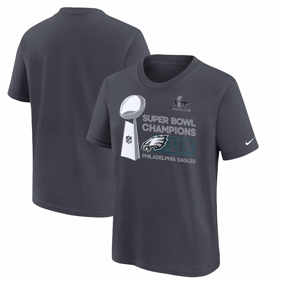 Youth Philadelphia Eagles  Nike Anthracite Super Bowl LIX Champions Locker Room Trophy Collection T-Shirt - Jersey