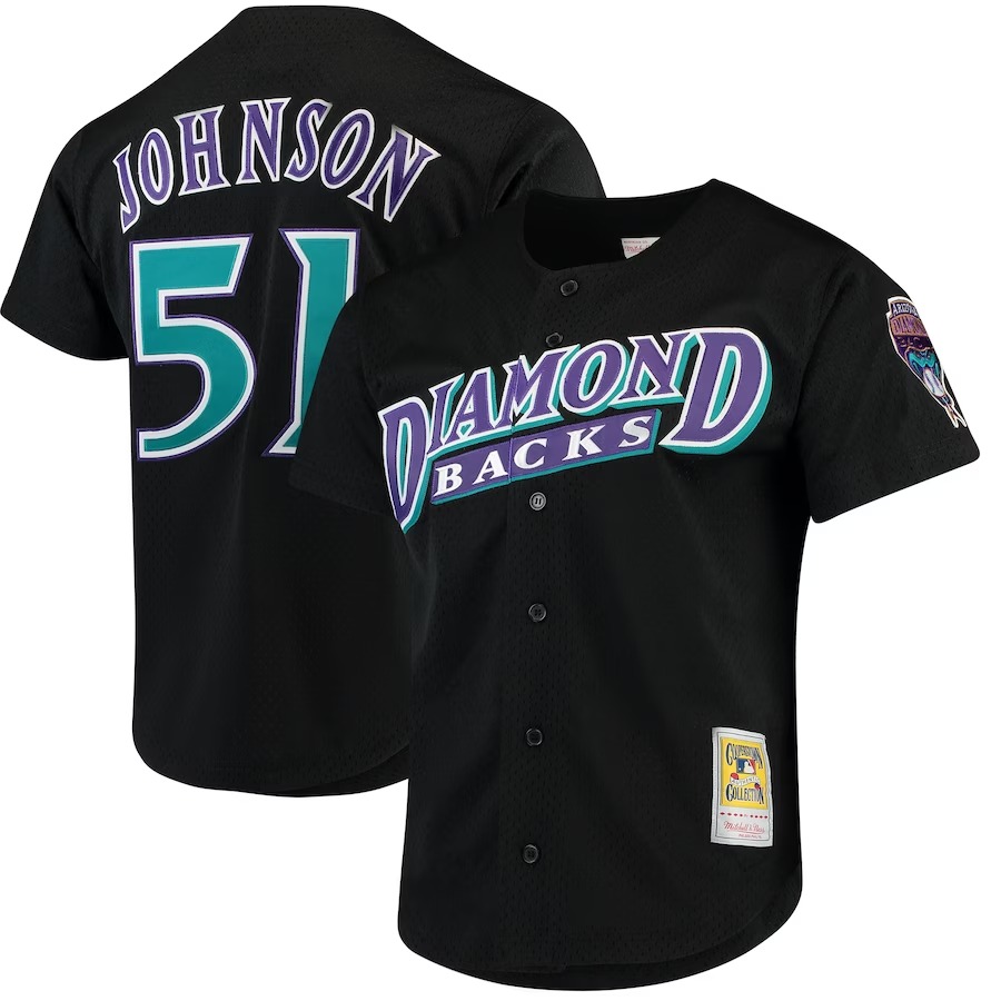 Men's Arizona Diamondbacks Randy Johnson Mitchell & Ness Black Cooperstown Collection Mesh Batting Practice Button-Up Jersey - Jersey