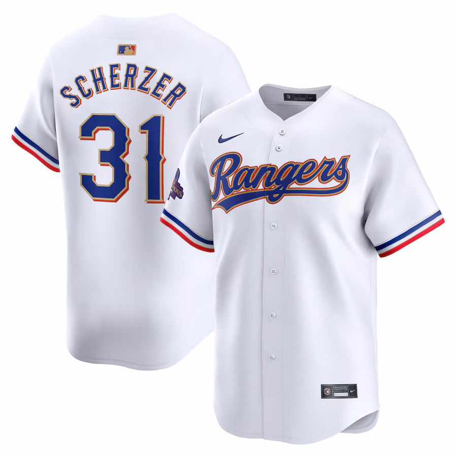 Men's Texas Rangers Max Scherzer Nike White 2024 Gold Collection Limited Player Jersey - Jersey