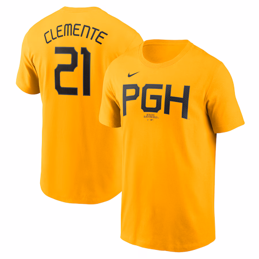 Men's Pittsburgh Pirates Roberto Clemente Nike Gold City Connect Fuse Name & Number T-Shirt - Jersey