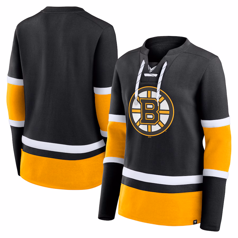 Women's Boston Bruins Fanatics Black Prime Time Lace-Up Long Sleeve T-Shirt - Jersey