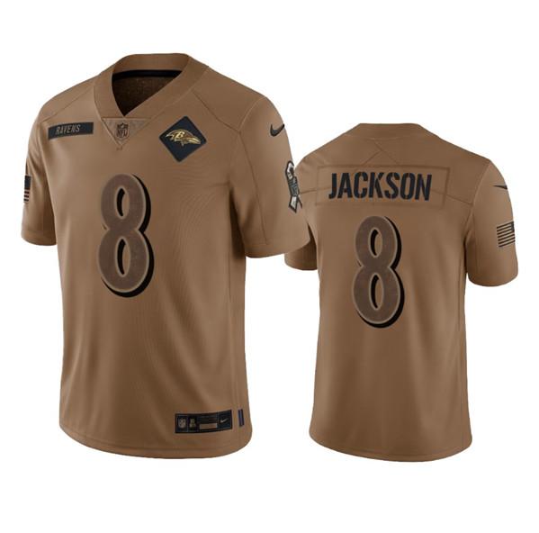 Men's Baltimore Ravens #8 Lamar Jackson 2023 Brown Salute To Service Limited Football Stitched Jersey - Jersey