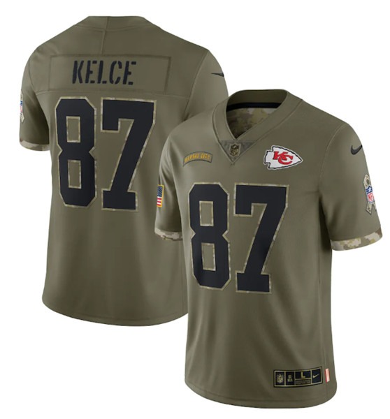 Men's Kansas City Chiefs #87 Travis Kelce 2022 Olive Salute To Service Limited Stitched Jersey - Jersey