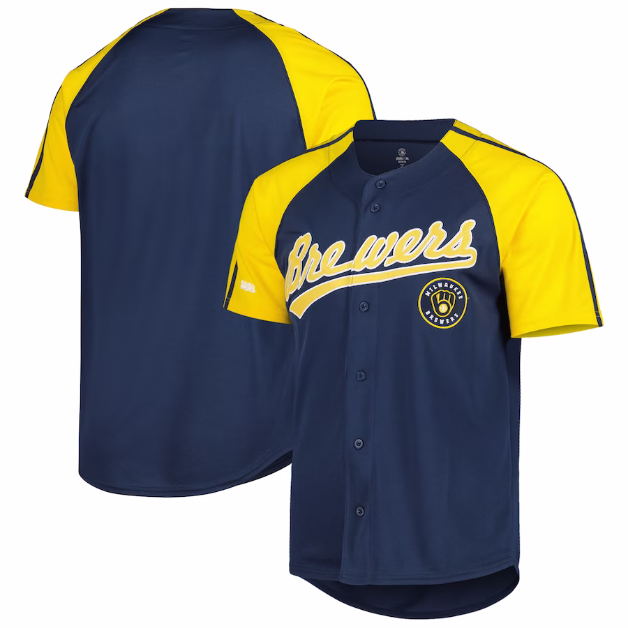 Men's Milwaukee Brewers Stitches Navy Button-Down Raglan Fashion Jersey - Jersey