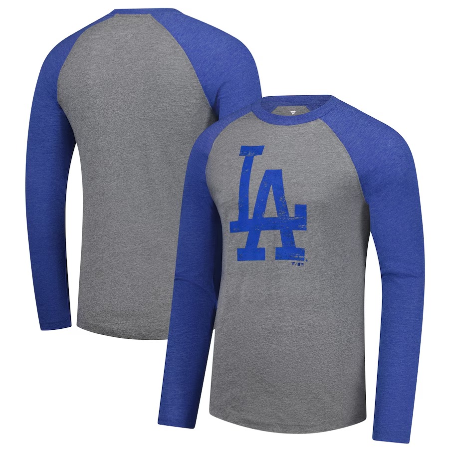 Men's Los Angeles Dodgers Fanatics Heather Gray/Heather Royal Weathered Logo Tri-Blend Raglan Long Sleeve T-Shirt - Jersey