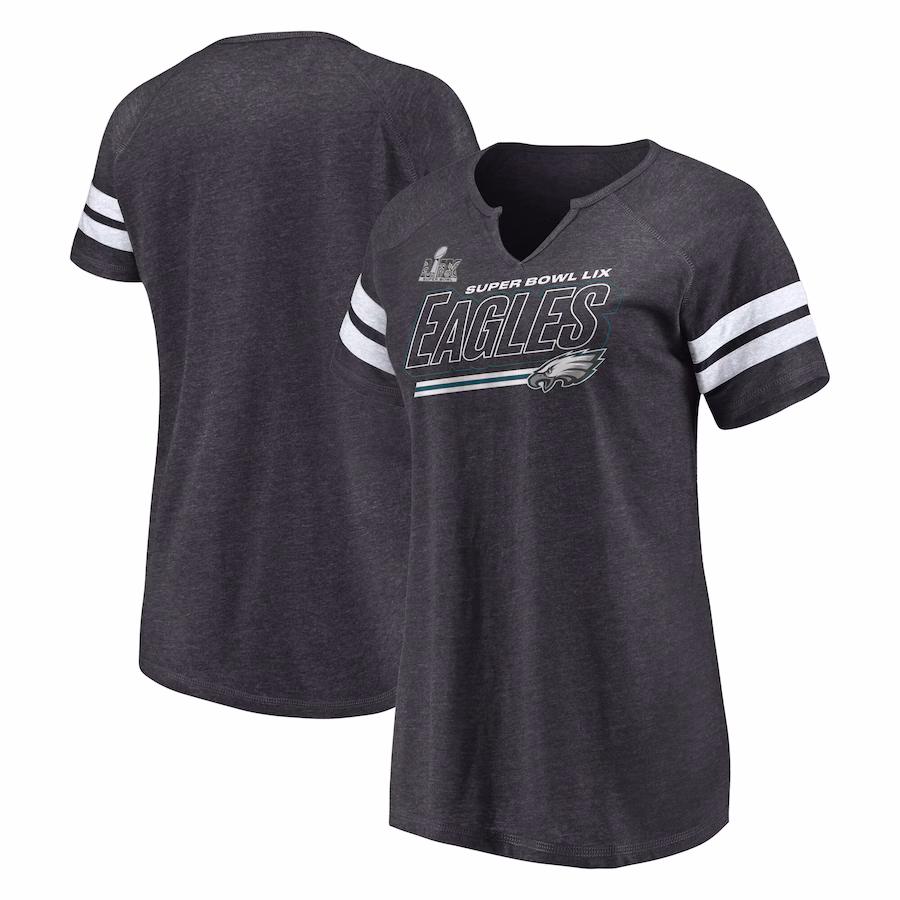 Women's Philadelphia Eagles Fanatics Heather Charcoal Super Bowl LIX Cheer Section Tri-Blend Notch Neck T-Shirt - Jersey