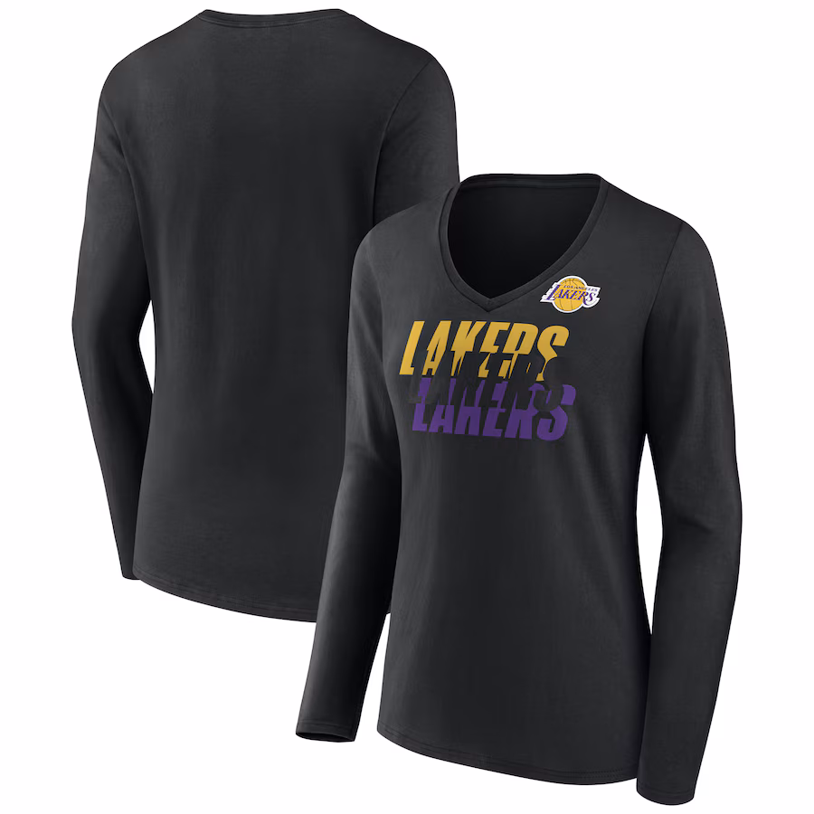 Women's Los Angeles Lakers Black Tumble V-Neck Long Sleeve T-Shirt - Jersey