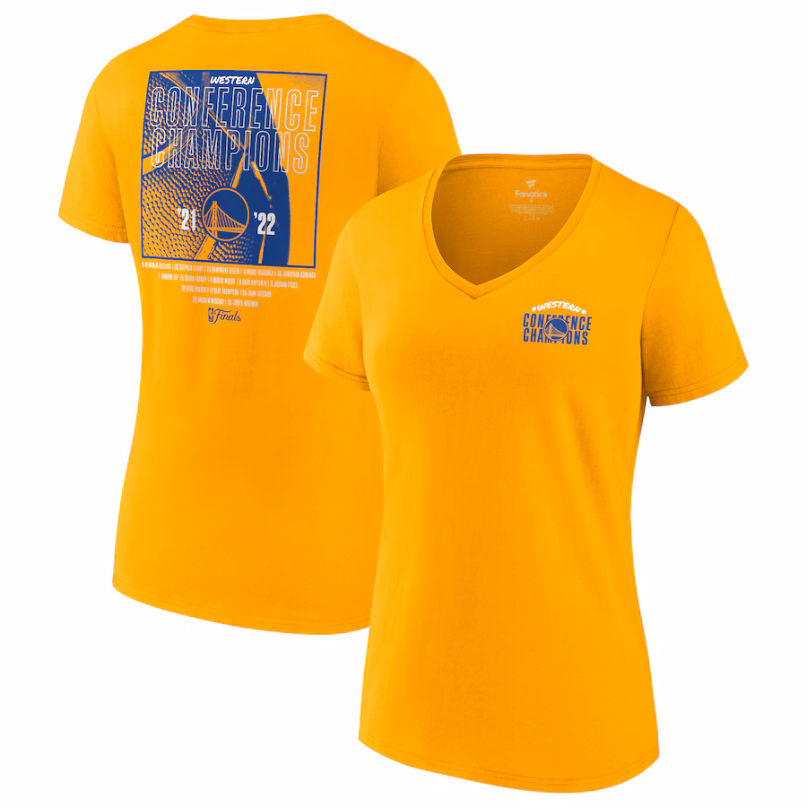 Women's Golden State Warriors Fanatics Gold 2022 Western Conference Champions Balanced Attack Roster V-Neck T-Shirt - Jersey