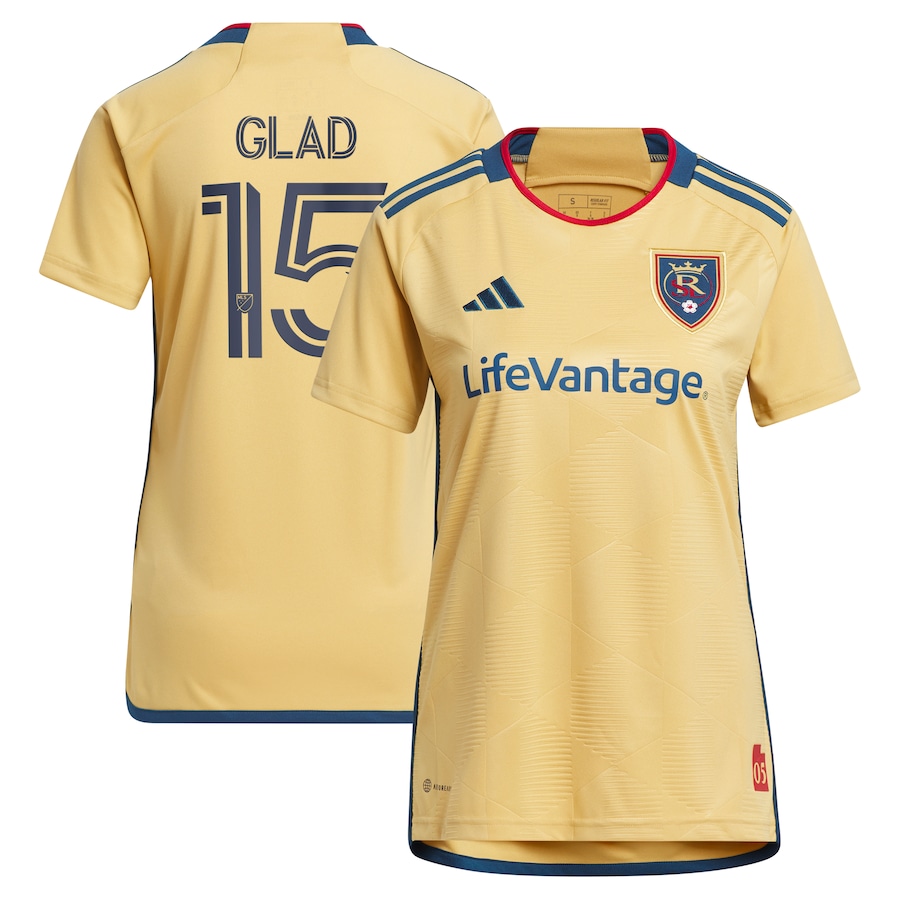 Women's Real Salt Lake Justen Glad adidas Gold 2023 The Beehive State Kit Replica Player Jersey - Jersey