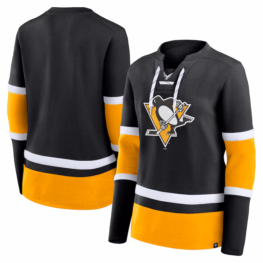 Women's Pittsburgh Penguins Fanatics Black Prime Time Lace-Up Long Sleeve T-Shirt - Jersey