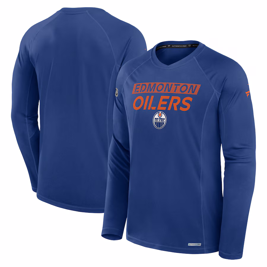 Men's Edmonton Oilers Fanatics Blue Authentic Pro Rink Tech Long Sleeve T-Shirt - Jersey
