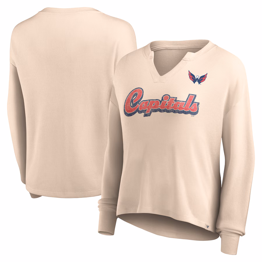 Women's Washington Capitals Fanatics Oatmeal Go For It Notch Neck Waffle Knit Long Sleeve T-Shirt - Jersey
