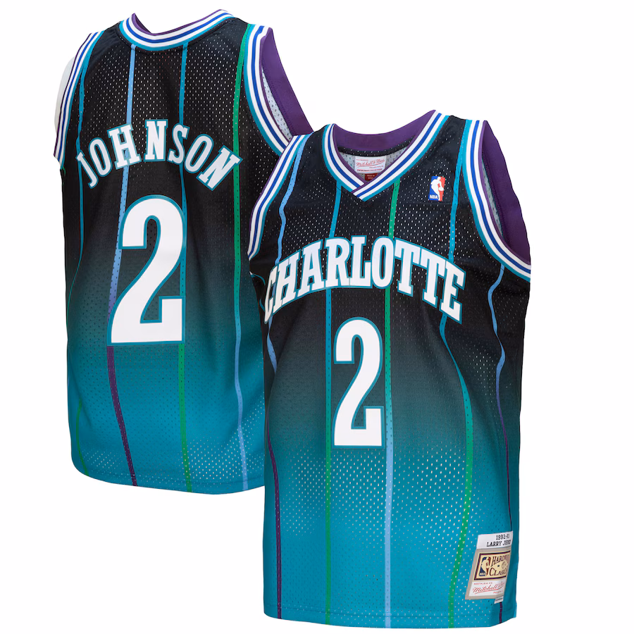 Men's Charlotte Hornets Larry Johnson Mitchell & Ness Teal/Black 1992/93 Hardwood Classics Fadeaway Swingman Player Jersey - Jersey