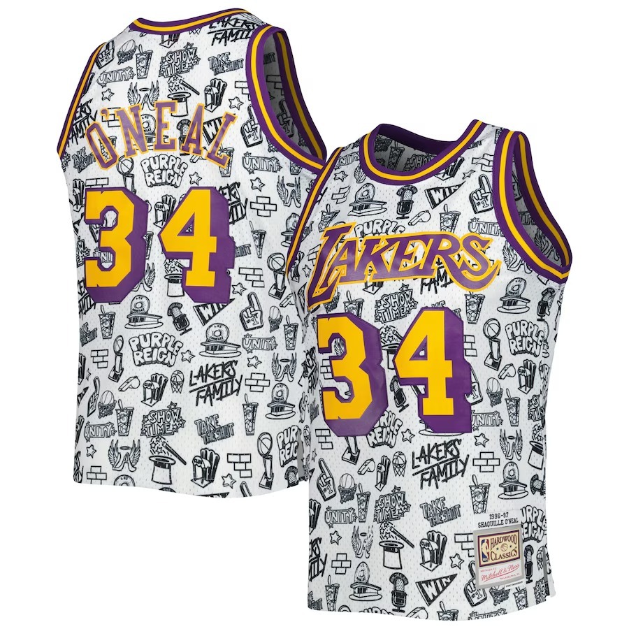 Men's Los Angeles Lakers Shaquille O'Neal Mitchell & Ness White 1996/97 Hardwood Classics Doodle Swingman Jersey - Jersey