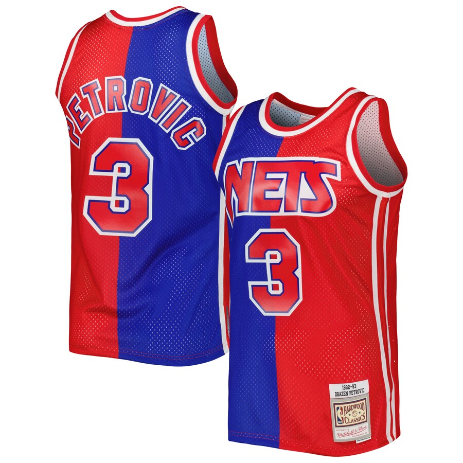 Men's New Jersey Nets Drazen Petrovic Mitchell & Ness Blue/Red Hardwood Classics 1992/93 Split Swingman Jersey - Jersey
