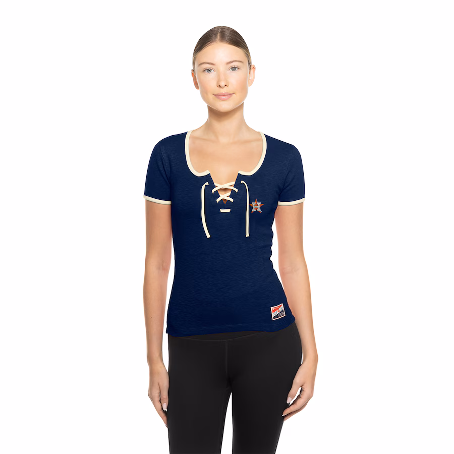 Women's Houston Astros New Era Navy Throwback Lace Up T-Shirt - Jersey