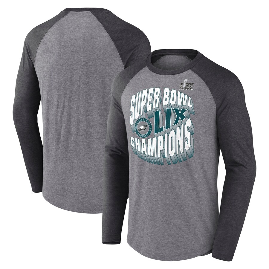 Men's Philadelphia Eagles Fanatics Heather Gray Super Bowl LIX Champions Historic Win Raglan Tri-Blend Long Sleeve T-Shirt - Jersey