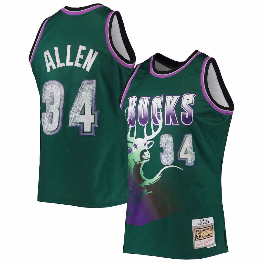Men's Milwaukee Bucks Ray Allen Mitchell & Ness Green 1996/97 Hardwood Classics NBA 75th Anniversary Diamond Swingman Jersey - Jersey