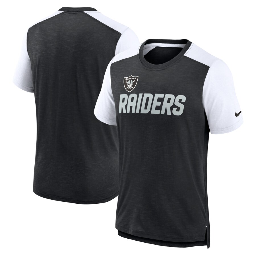 Men's Las Vegas Raiders Nike Heathered Black/White Color Block Team Name T-Shirt - Jersey