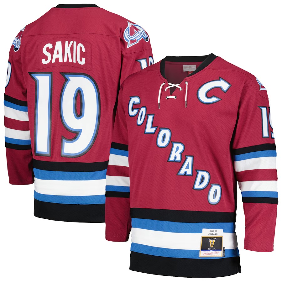 Men's Colorado Avalanche Joe Sakic Mitchell & Ness Burgundy 2001/02 Blue Line Alternate Player Jersey - Jersey