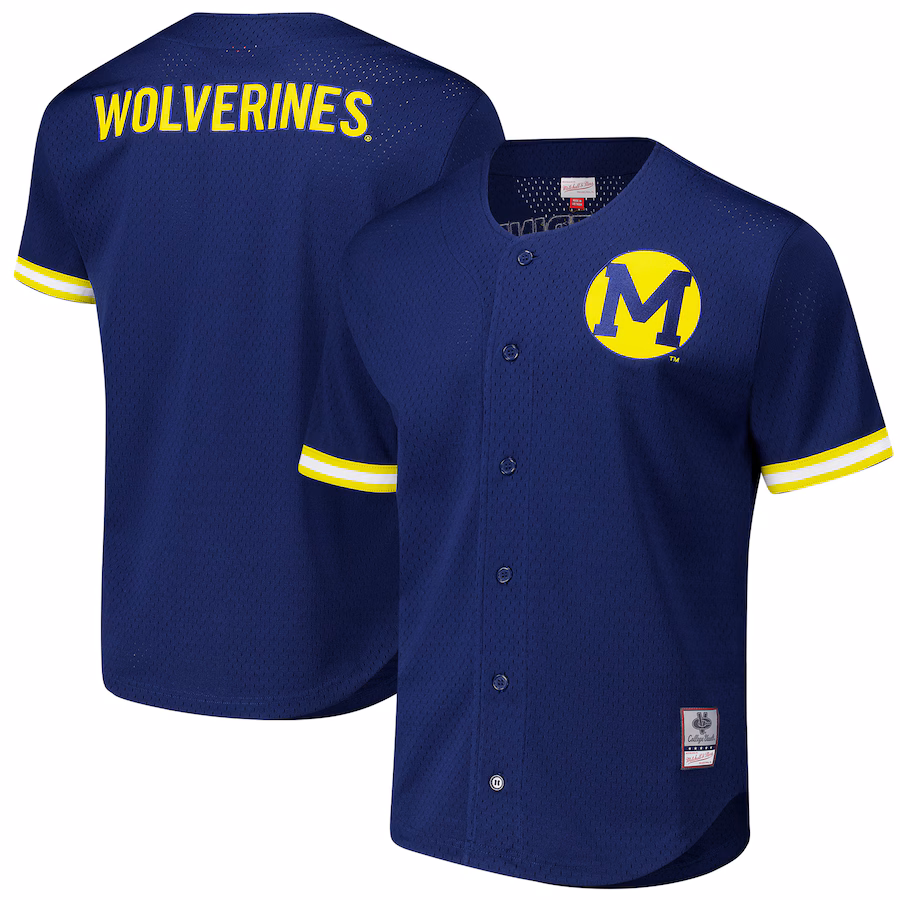 Men's Mitchell & Ness Navy Michigan Wolverines Game Time Vintage Mesh Button Front Top - Jersey