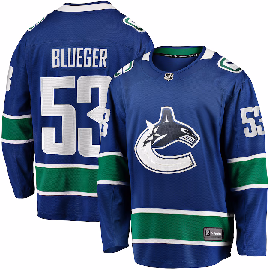 Men's Vancouver Canucks Teddy Blueger Fanatics Blue Home Breakaway Jersey - Jersey