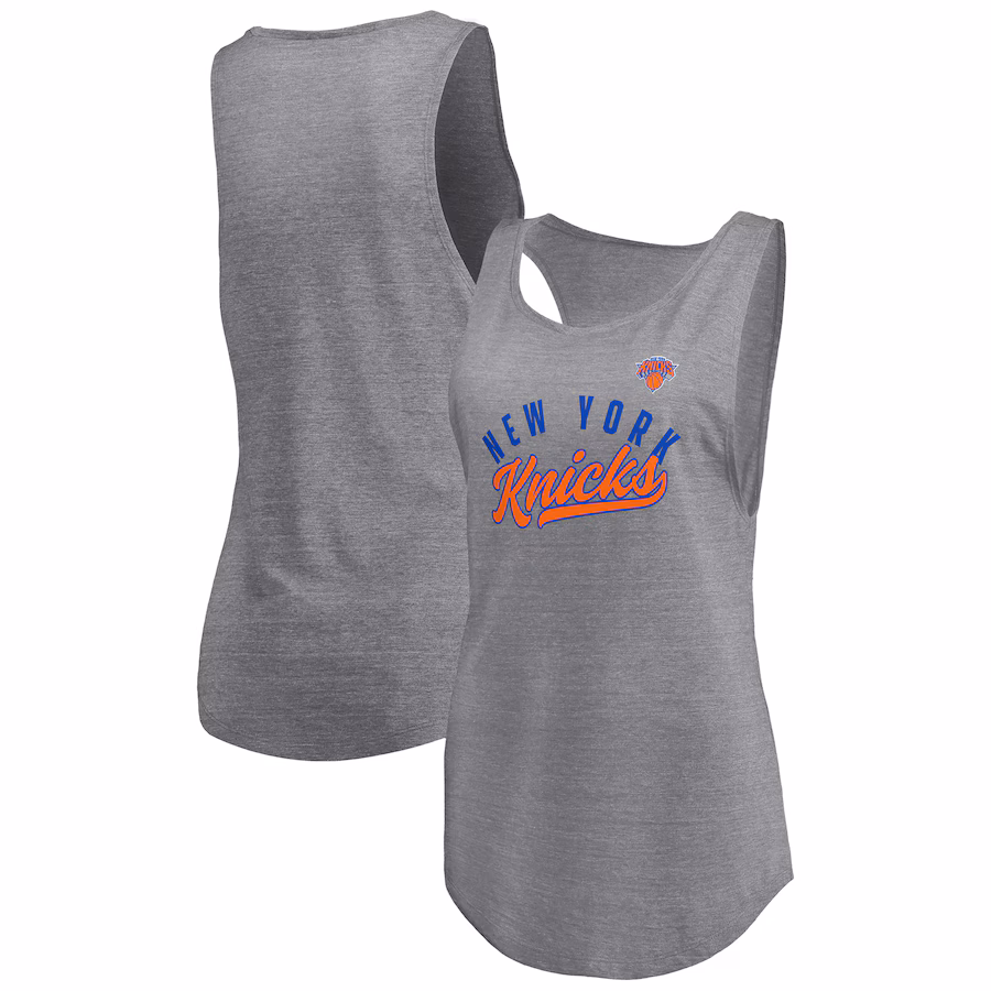 Women's New York Knicks Fanatics Heathered Gray Quality Time Open Scoop Neck Tri-Blend Tank Top - Jersey
