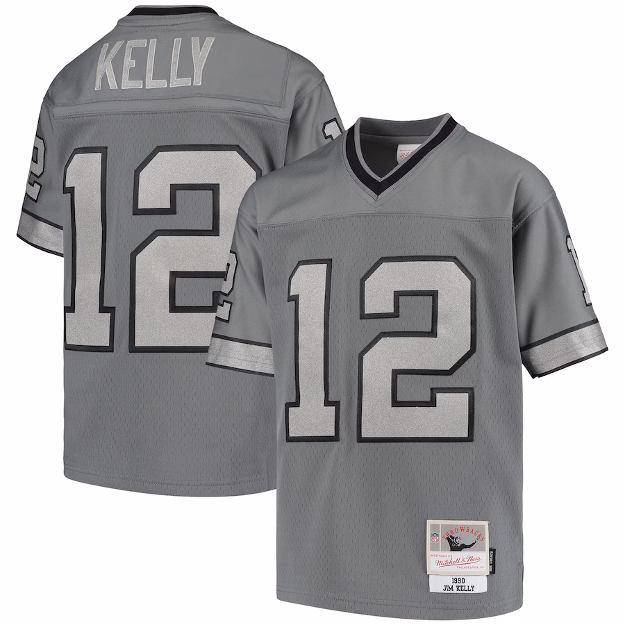 Youth Buffalo Bills Jim Kelly Mitchell & Ness Charcoal 1990 Retired Player Metal Replica Jersey - Jersey