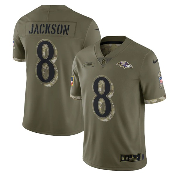 Men's Baltimore Ravens #8 Lamar Jackson 2022 Olive Salute To Service Limited Stitched Jersey - Jersey
