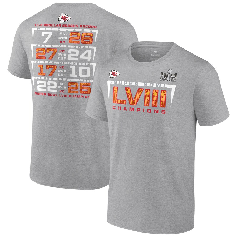 Men's Kansas City Chiefs Fanatics Heather Charcoal Super Bowl LVIII Champions Counting Points Score T-Shirt - Jersey