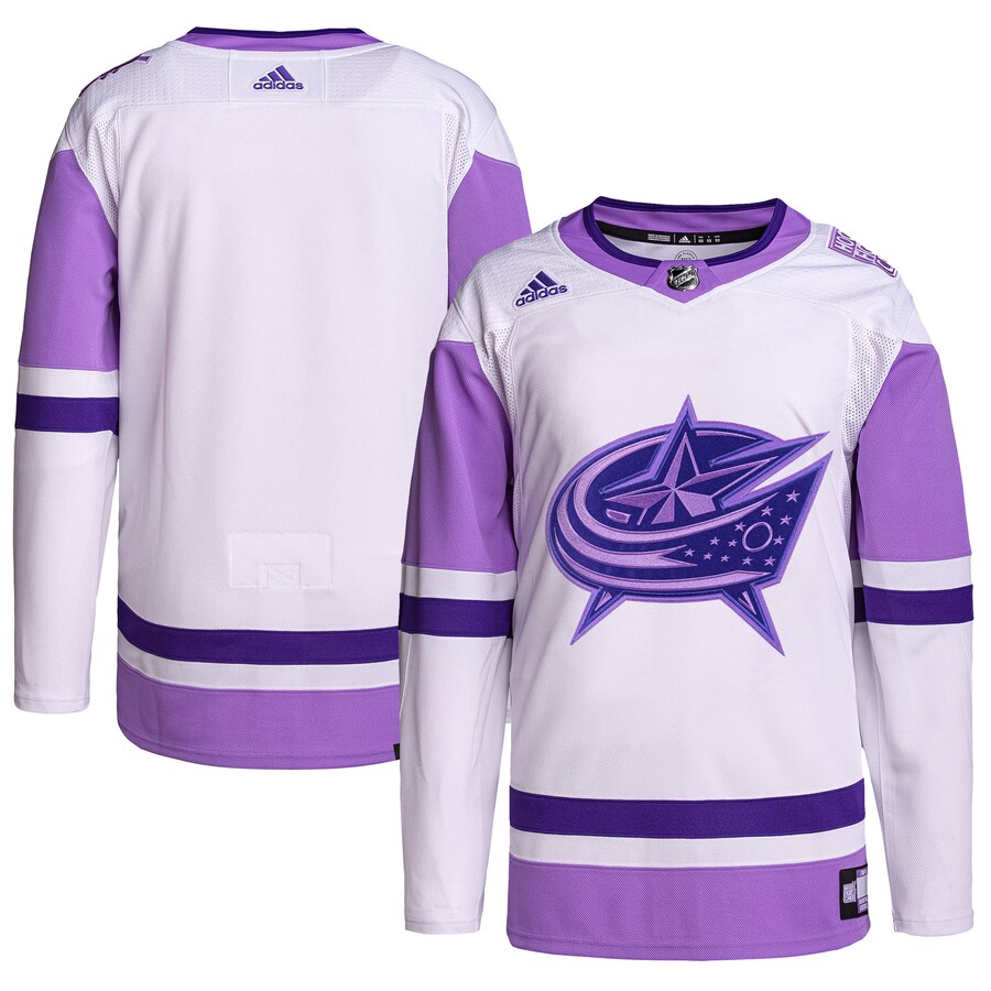 Men's Columbus Blue Jackets adidas White/Purple Hockey Fights Cancer Primegreen Authentic Blank Practice Jersey - Jersey