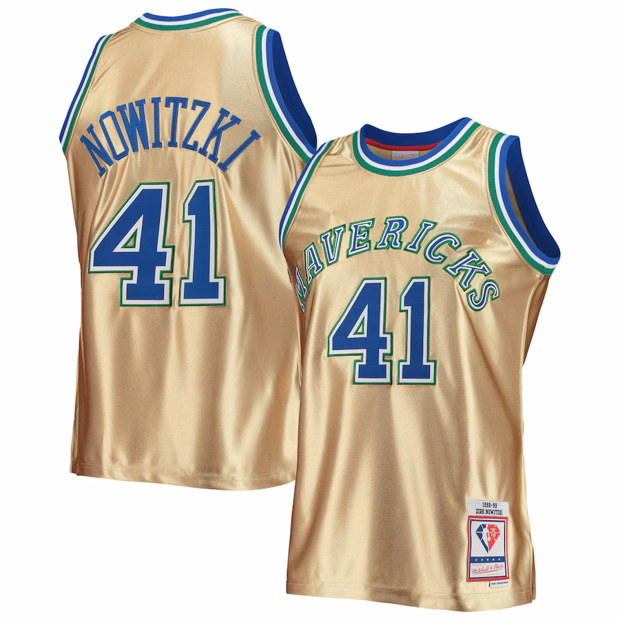 Men's Dallas Mavericks Dirk Nowitzki Gold Mitchell & Ness 75th Anniversary 1998/99 Hardwood Classics Swingman Jersey - Jersey