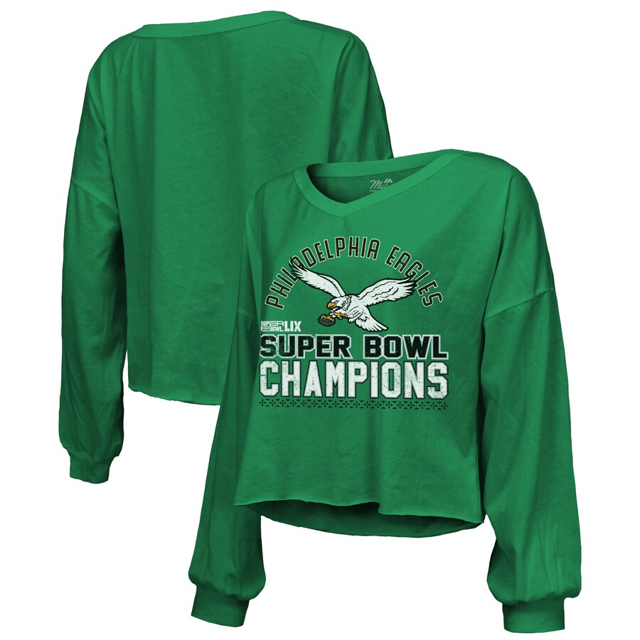 Women's Philadelphia Eagles  Majestic Threads Kelly Green Super Bowl LIX Champions Hard Count Retro Off Shoulder V-Neck Long Sleeve T-Shirt - Jersey