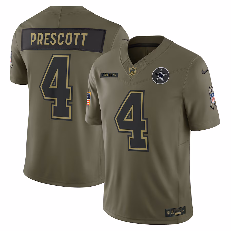 Men's Dallas Cowboys Dak Prescott Nike Olive 2025 Salute to Service Limited Jersey - Jersey