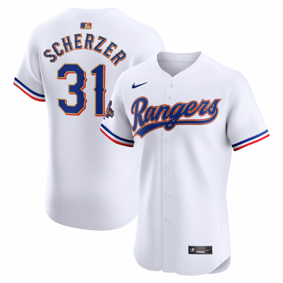 Men's Texas Rangers Max Scherzer Nike White 2024 Gold Collection Elite Player Jersey - Jersey