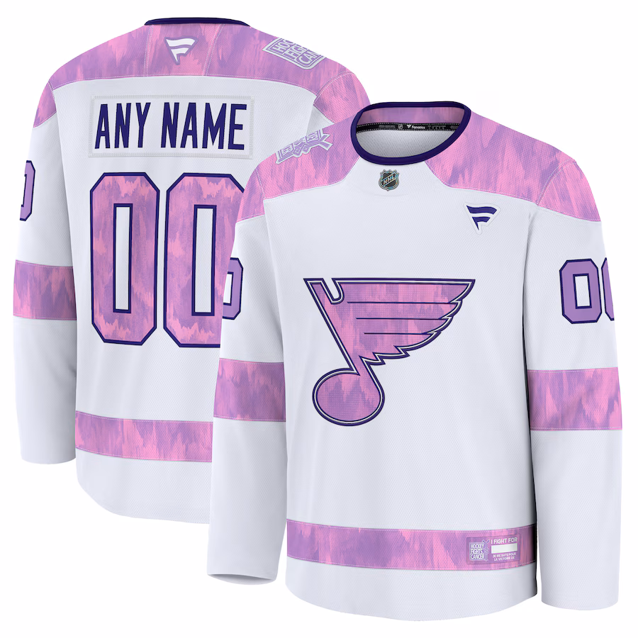Men's St. Louis Blues Fanatics White 2024 Hockey Fights Cancer Custom Practice Jersey - Jersey
