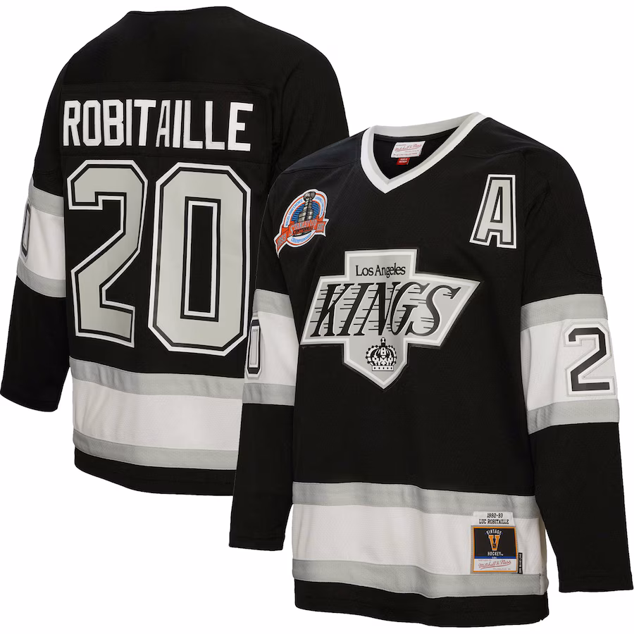 Men's Los Angeles Kings Luc Robitaille Mitchell & Ness Black Alternate Captain Patch 1992/93 Blue Line Player Jersey - Jersey