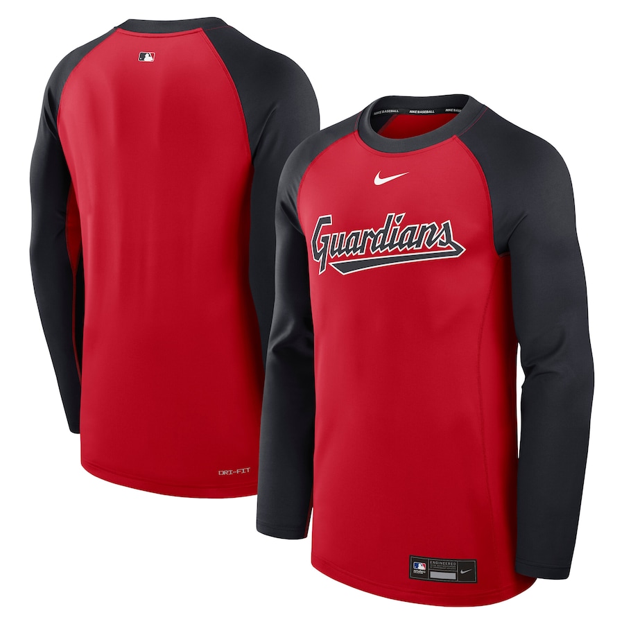 Men's Cleveland Guardians Nike Red/Navy Authentic Collection Game Time Raglan Performance Long Sleeve T-Shirt - Jersey