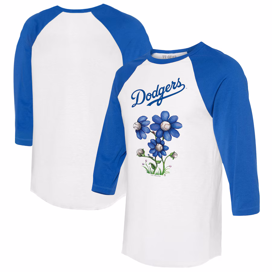 Women's Los Angeles Dodgers Tiny Turnip White/Royal Blooming Baseballs 3/4-Sleeve Raglan T-Shirt - Jersey